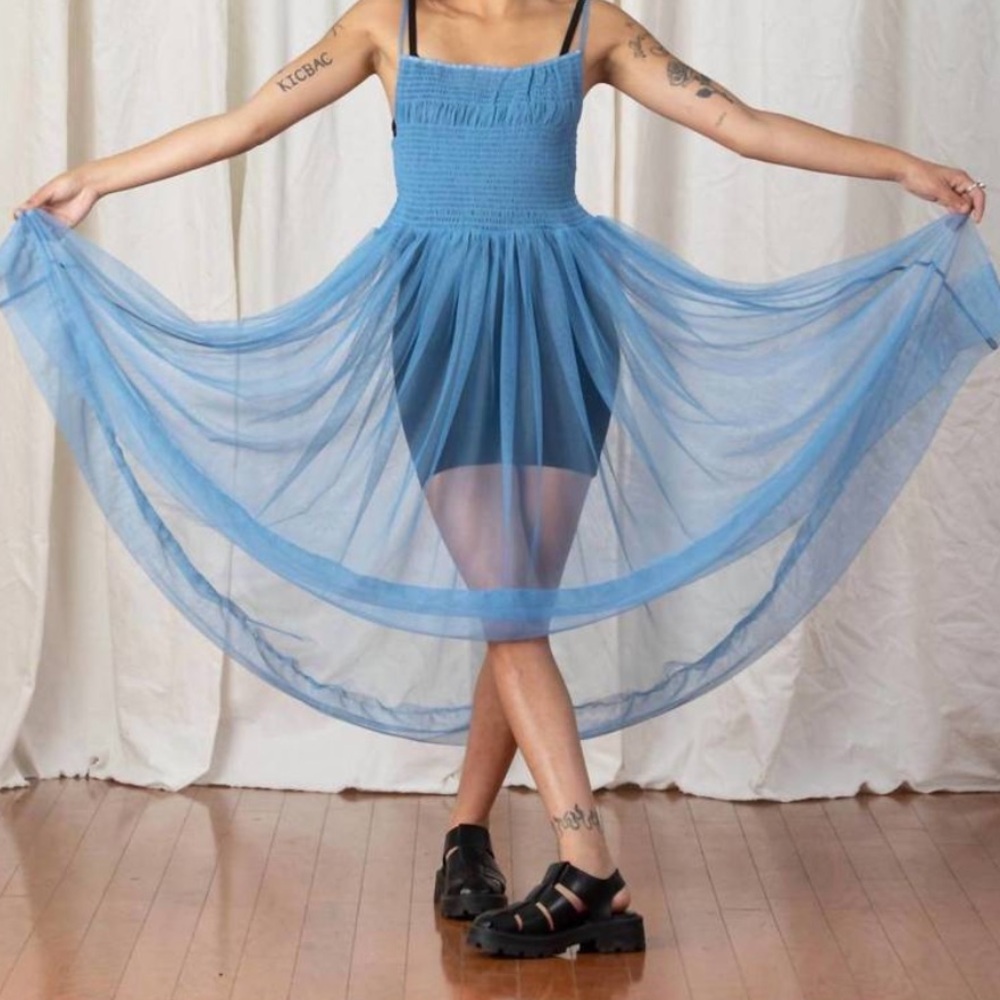 NEW ALI GOLDEN mesh ballerina dress in muted cerulean